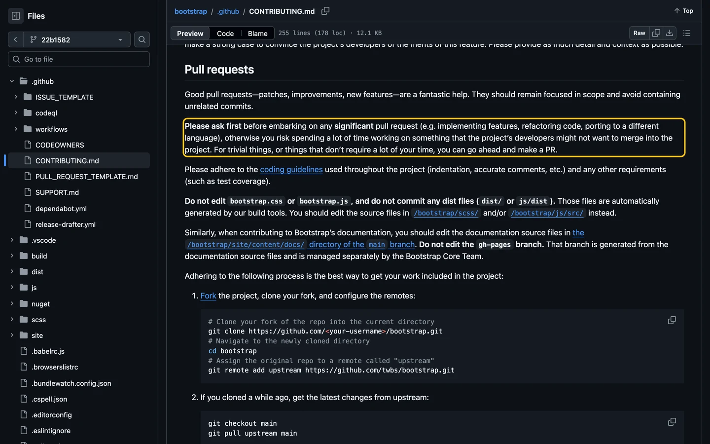 The Pull requests section of Bootstrap's CONTRIBUTING.md: ask before any significant pull request, go ahead for trivial ones.